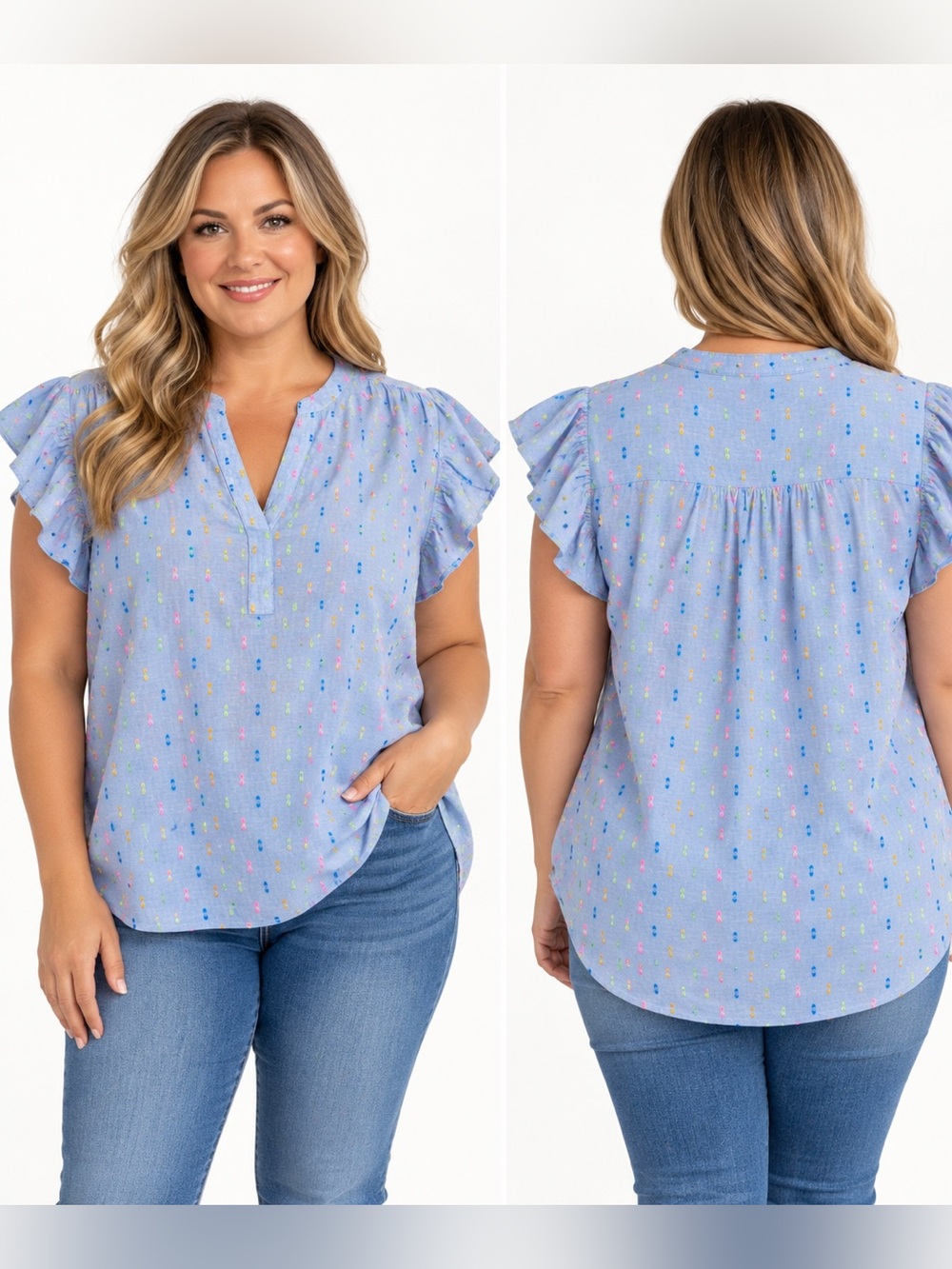Crown & Ivy Women’s XL Blue Multicolor Dot Ruffle Sleeve V-Neck Blouse NWT